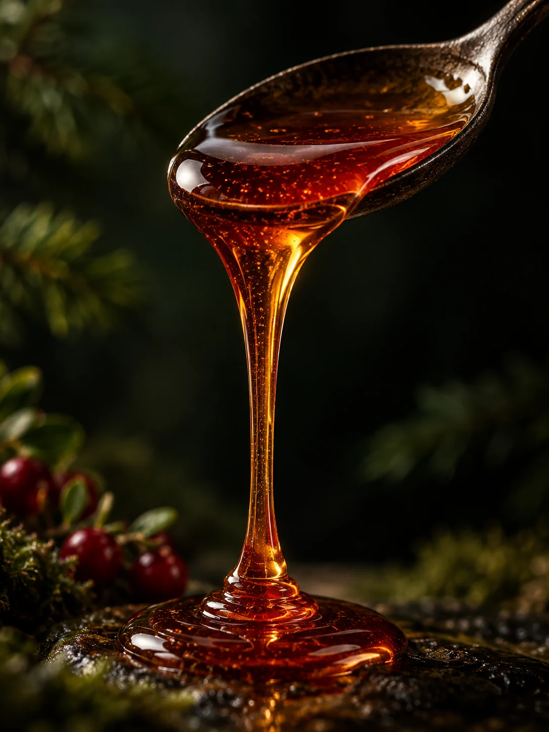 Reddish amber / dark intensity Finnish Lingonberry Honey on a spoon