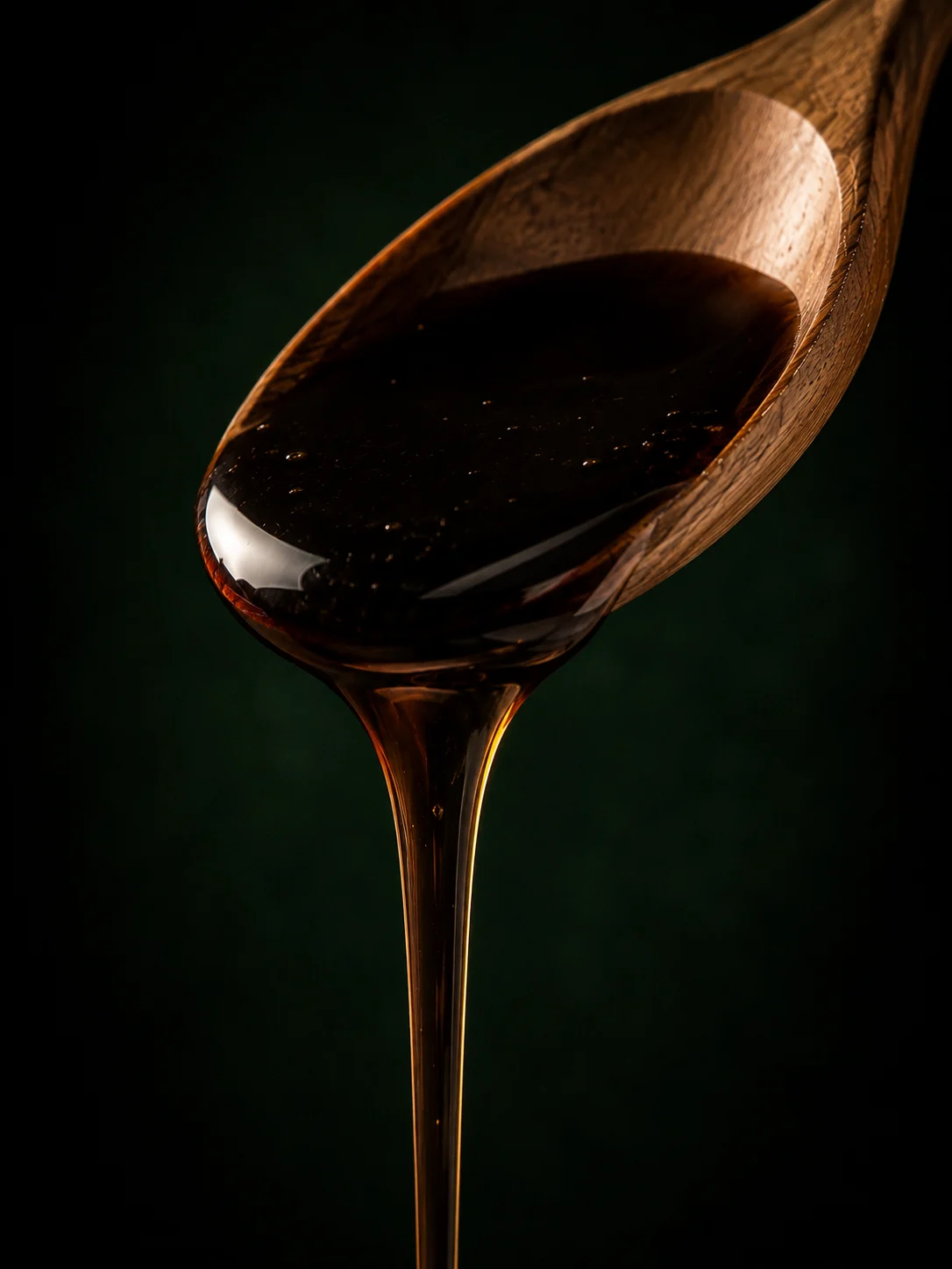 Dark French chestnut honey on a spoon