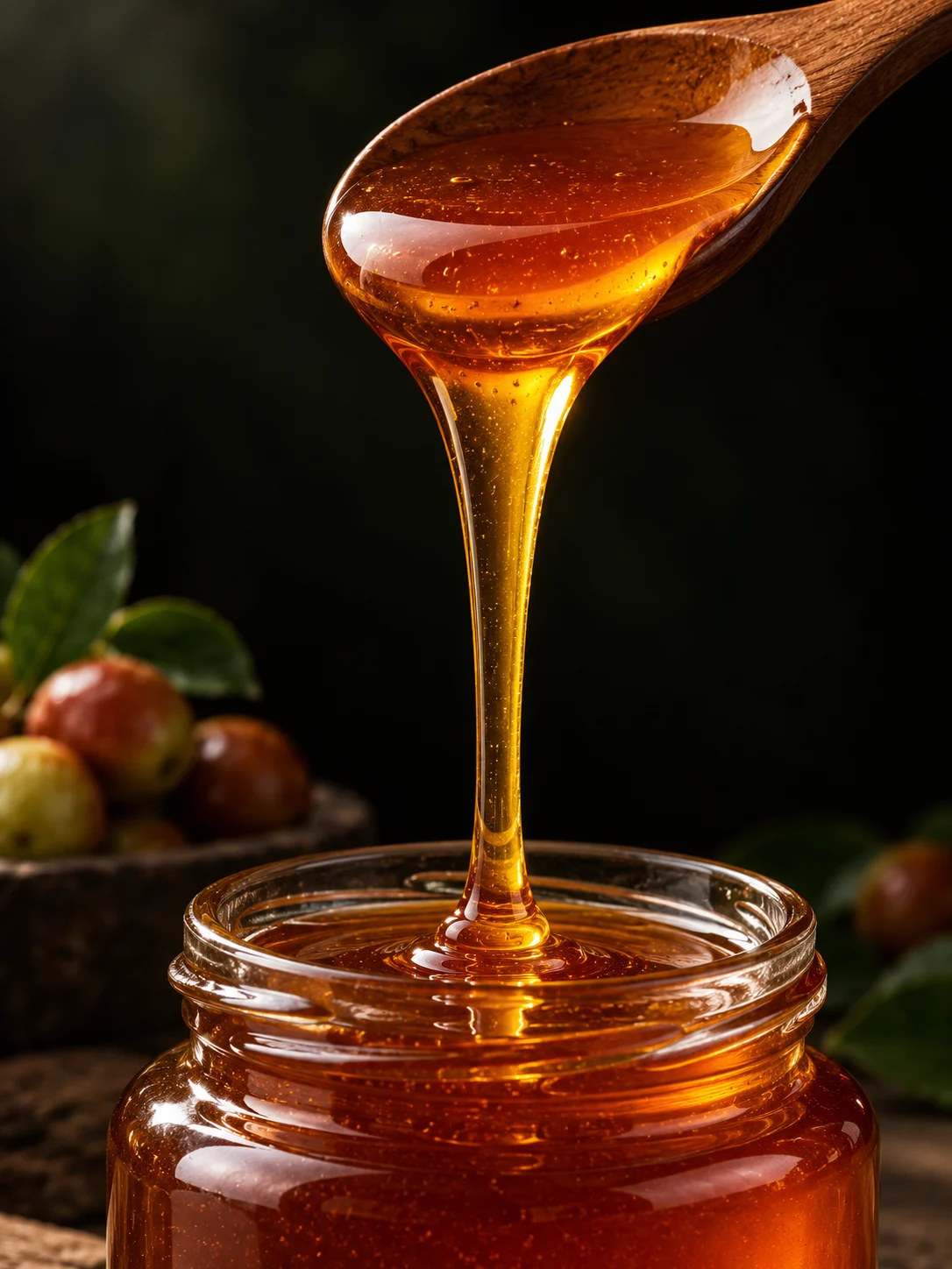 Golden to reddish amber Rajasthan Ber Honey on a spoon