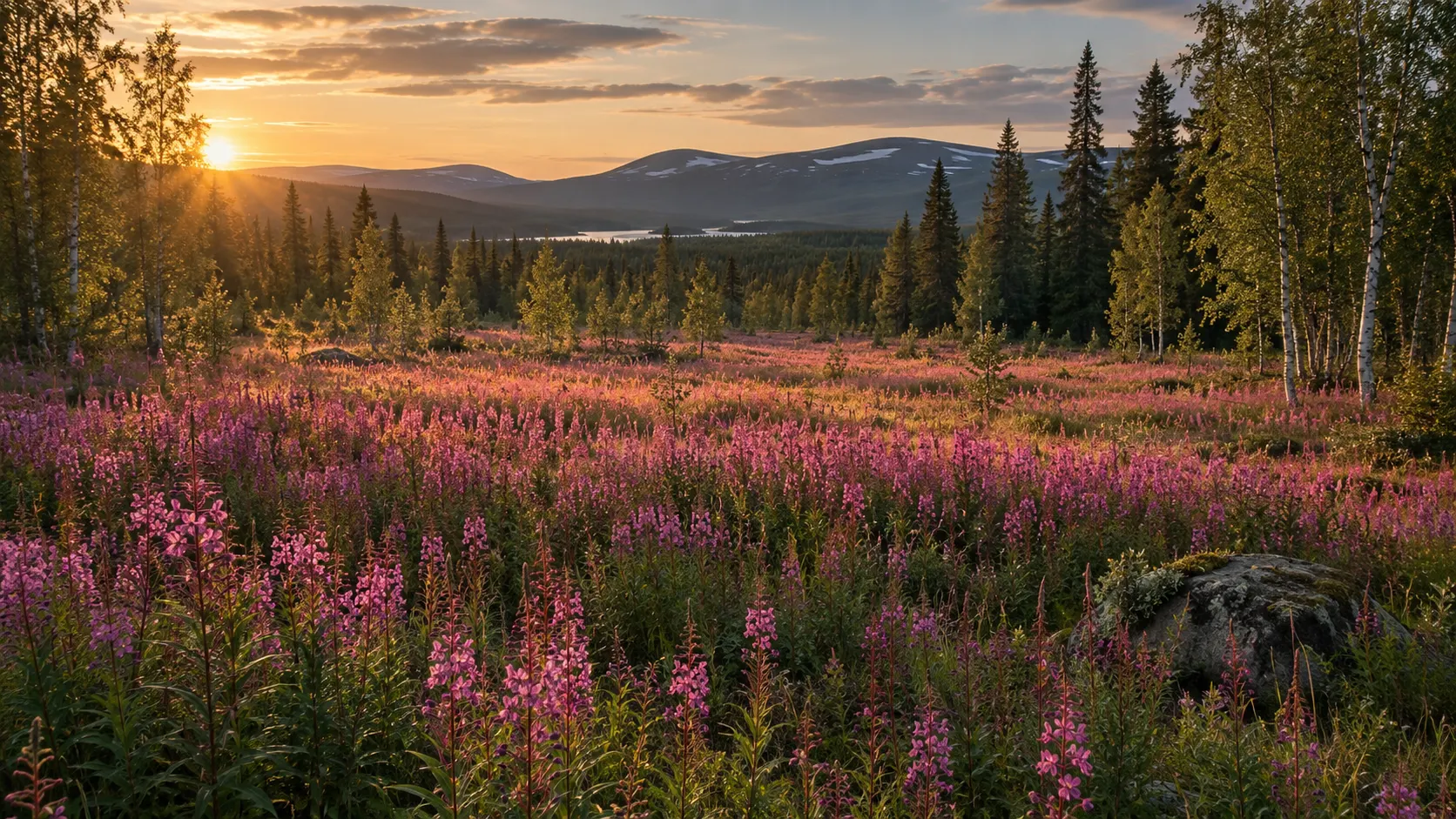 Fireweed in bloom in a Lapland forest clearing, Finland