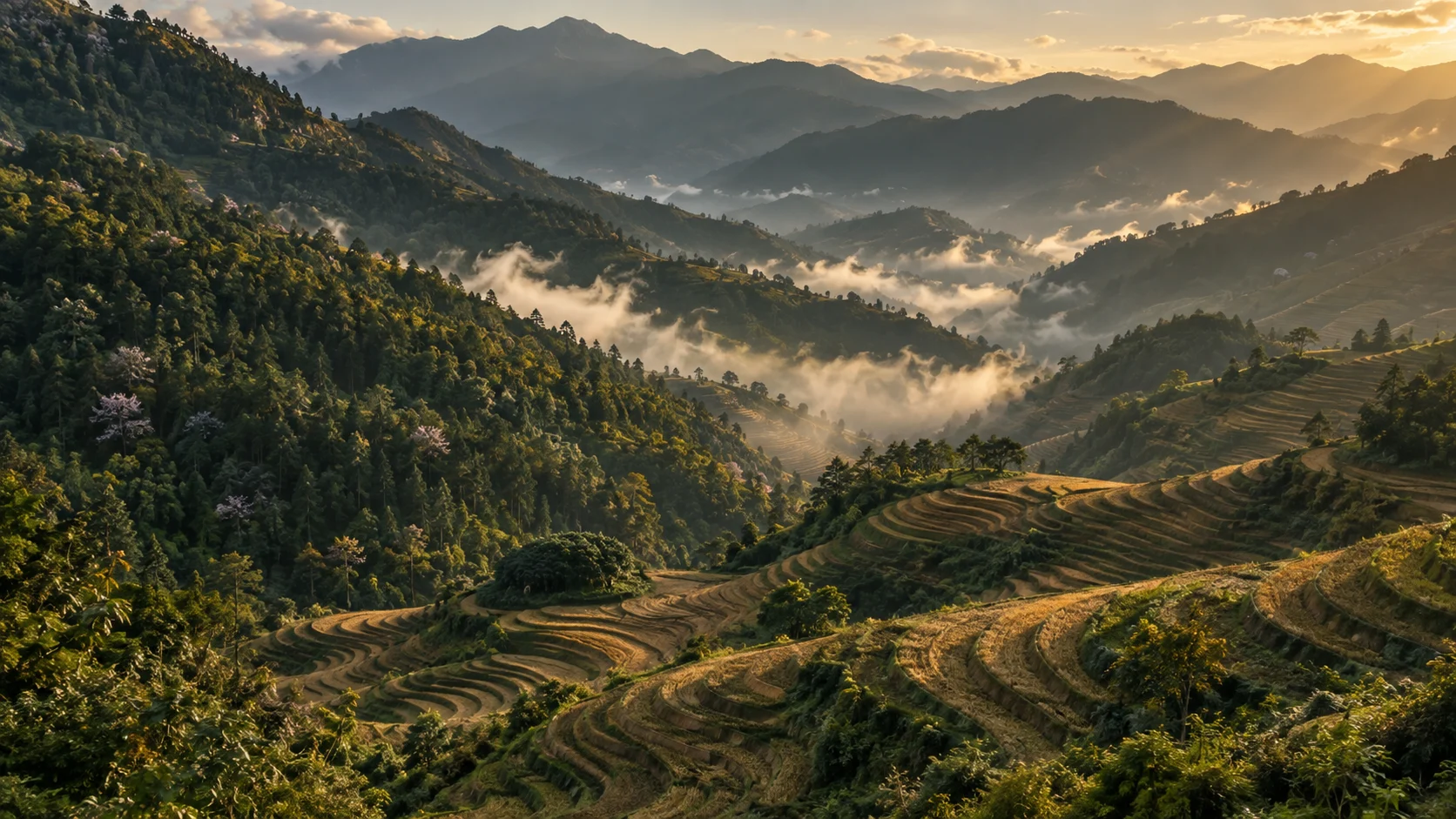 Mountain forest and rice terrace landscape in Mù Cang Chải, Yên Bái, Vietnam