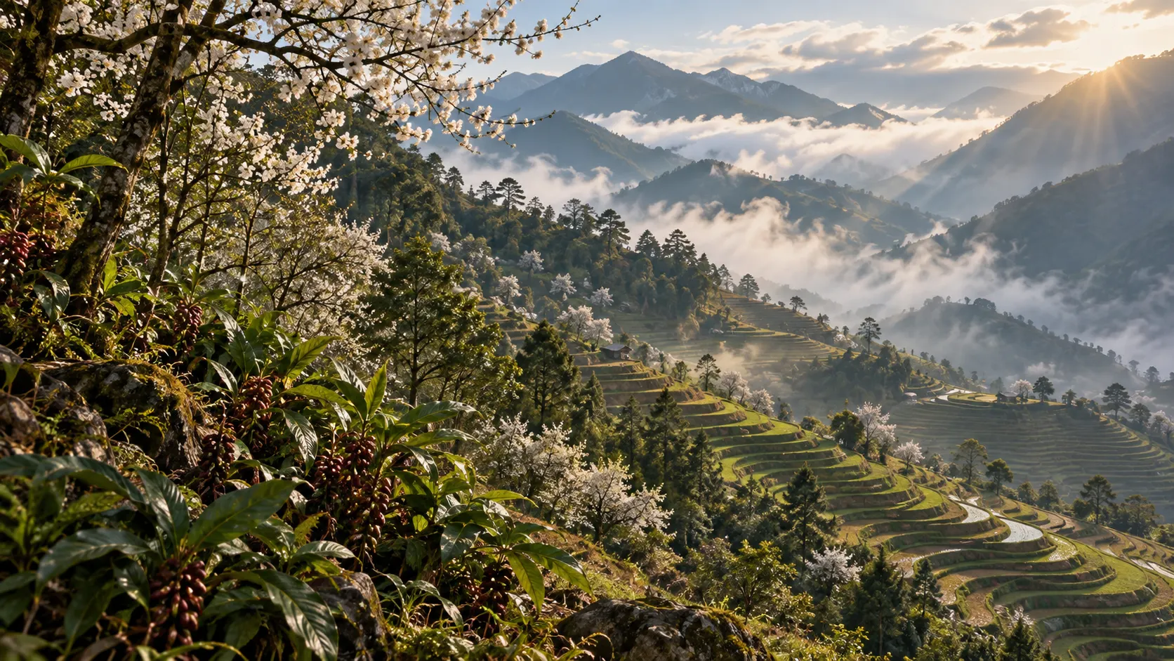 Spring mountain forest with cardamom and Sơn tra blossom in Mù Cang Chải, Vietnam