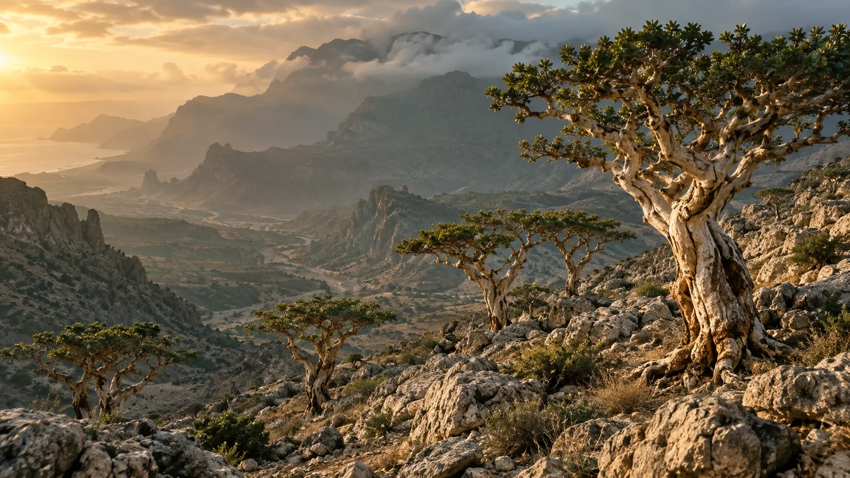Frankincense trees on rocky slopes in Dhofar, Oman
