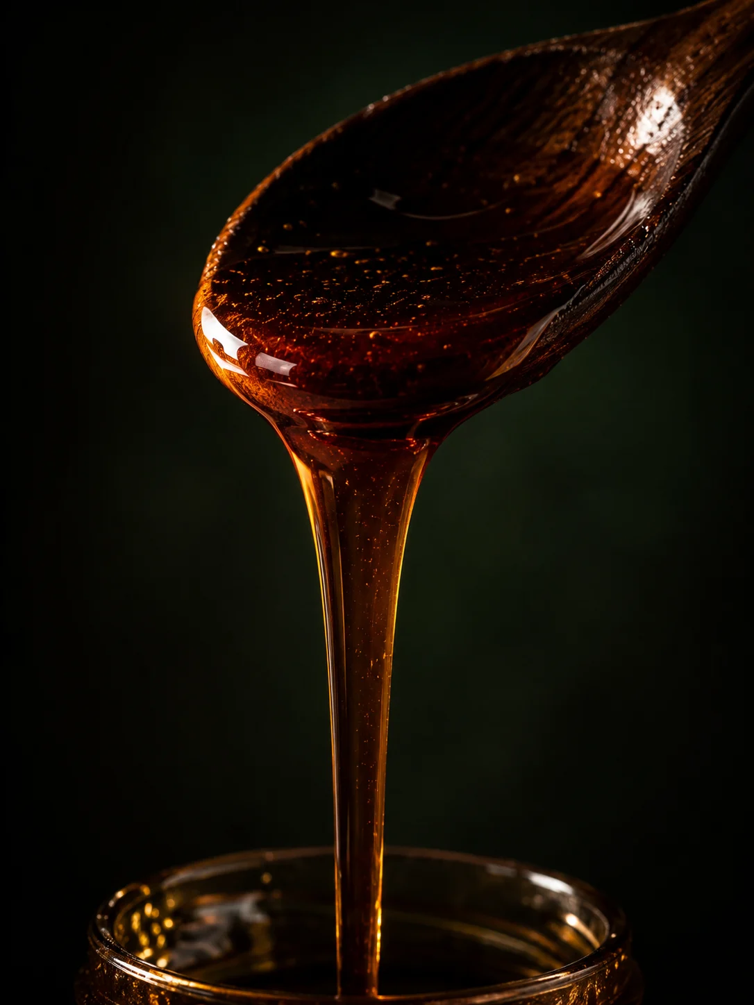 Dark Omani Samar honey pouring thickly from a spoon