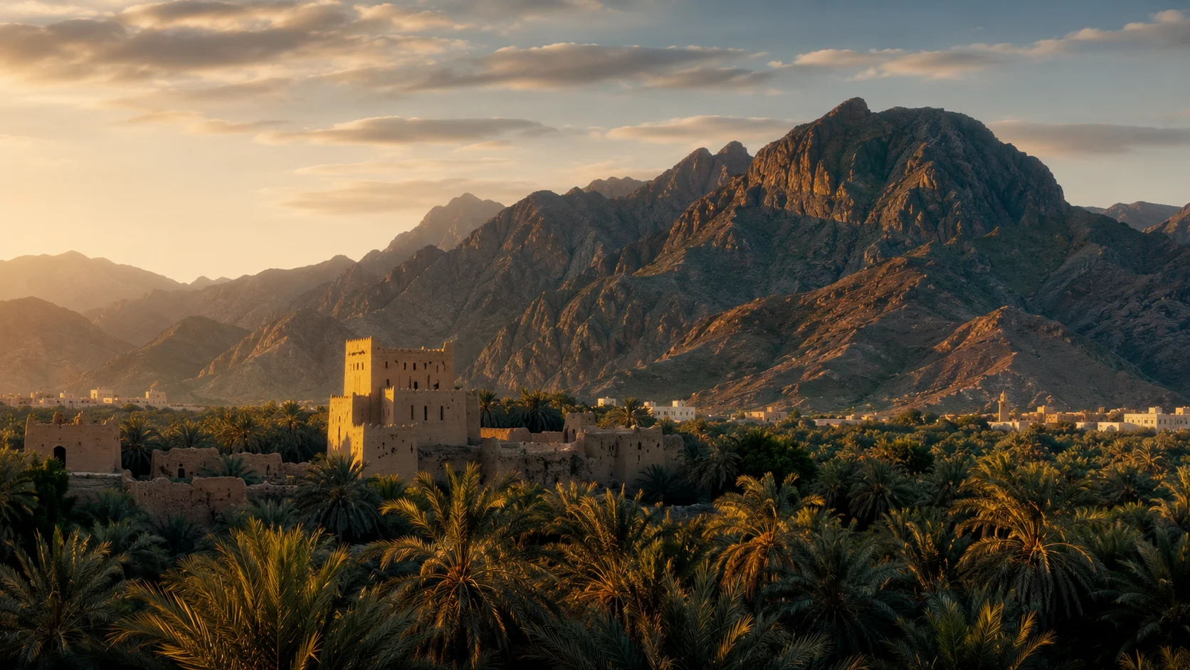 Nizwa oasis and Al Hajar Mountains at dusk, Oman