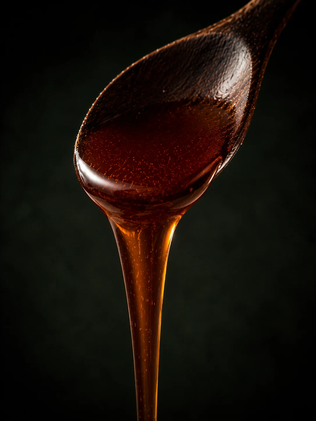 Dark amber Omani Sidr honey slowly falling from a spoon