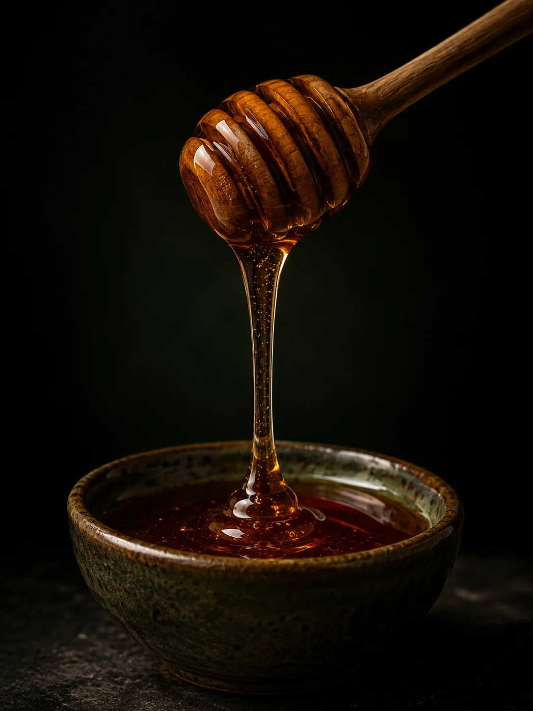 Dark turquoise-tinted Socotra honey on a spoon