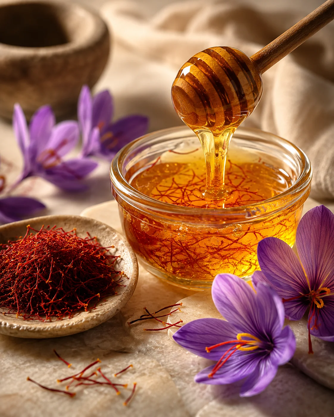 Jar of golden saffron-infused honey with saffron threads beside it