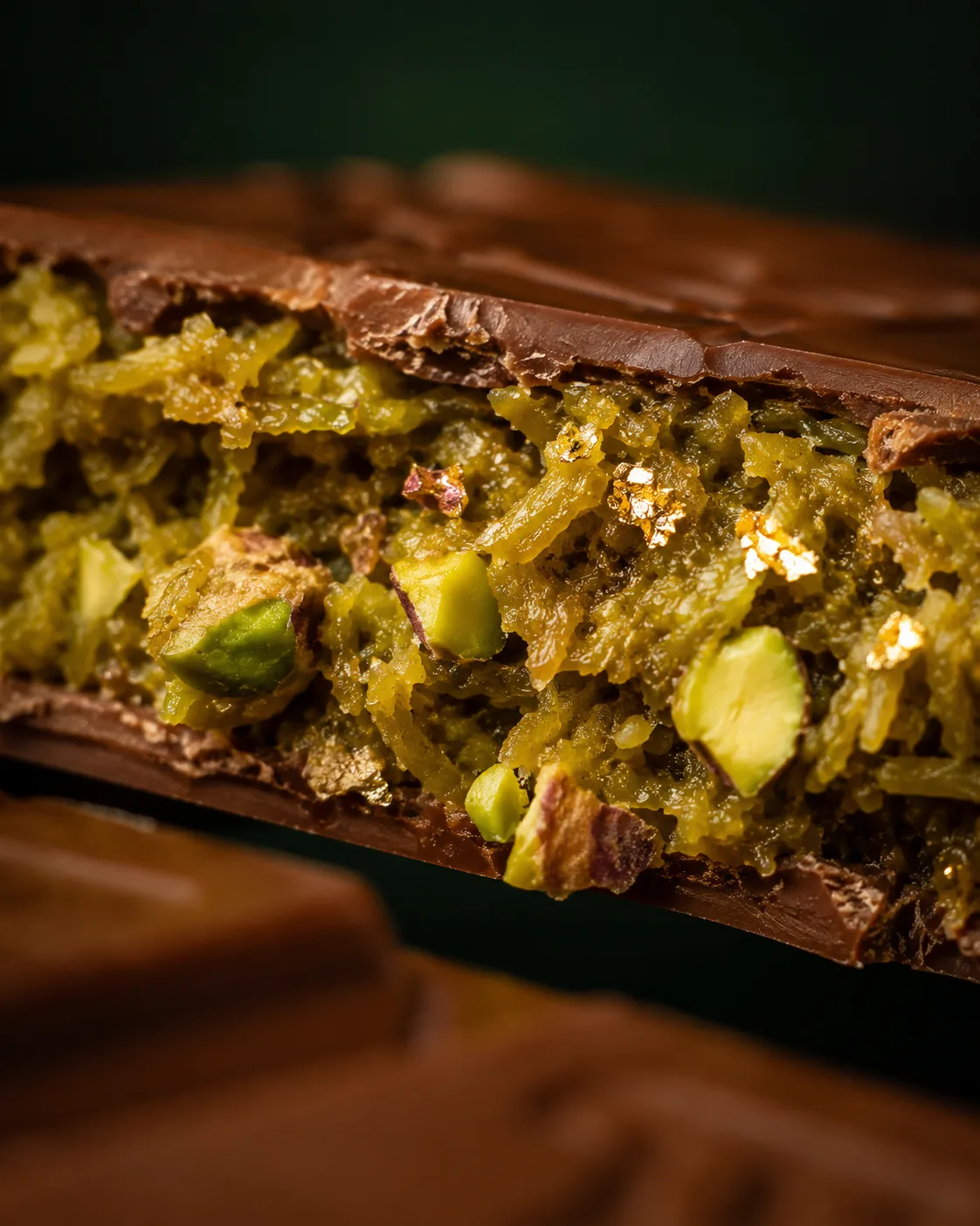 Macro cross-section of pistachio kunafa chocolate bar