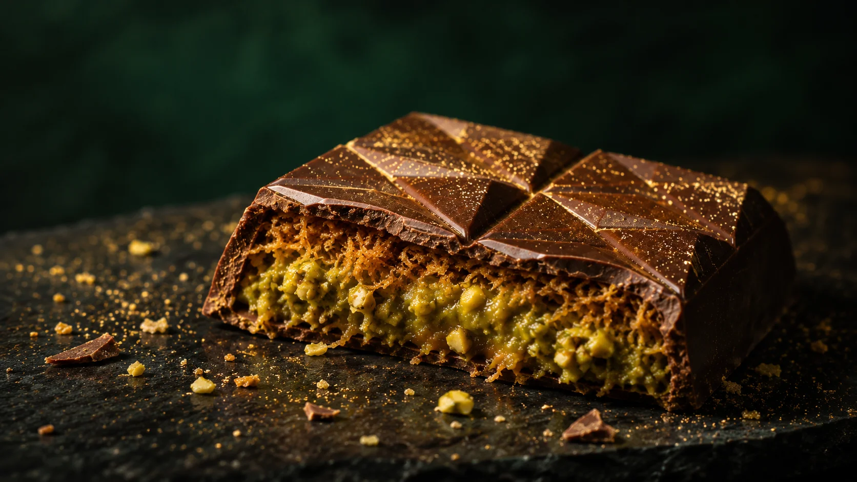 Homemade pistachio kunafa chocolate bar with gold honey