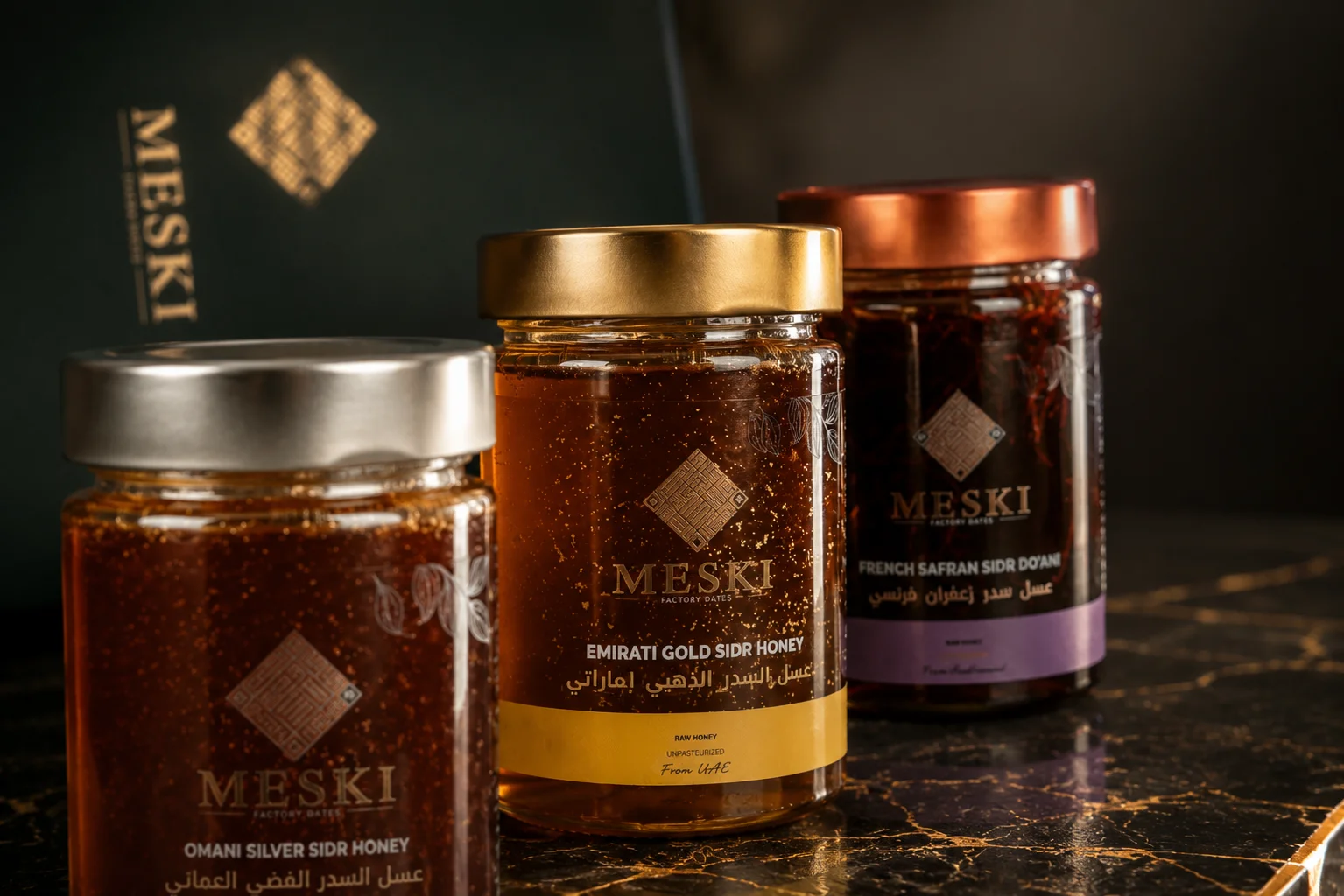 Luxury Royal Sidr Honey Collection opened with three 250 g jars and golden spoon