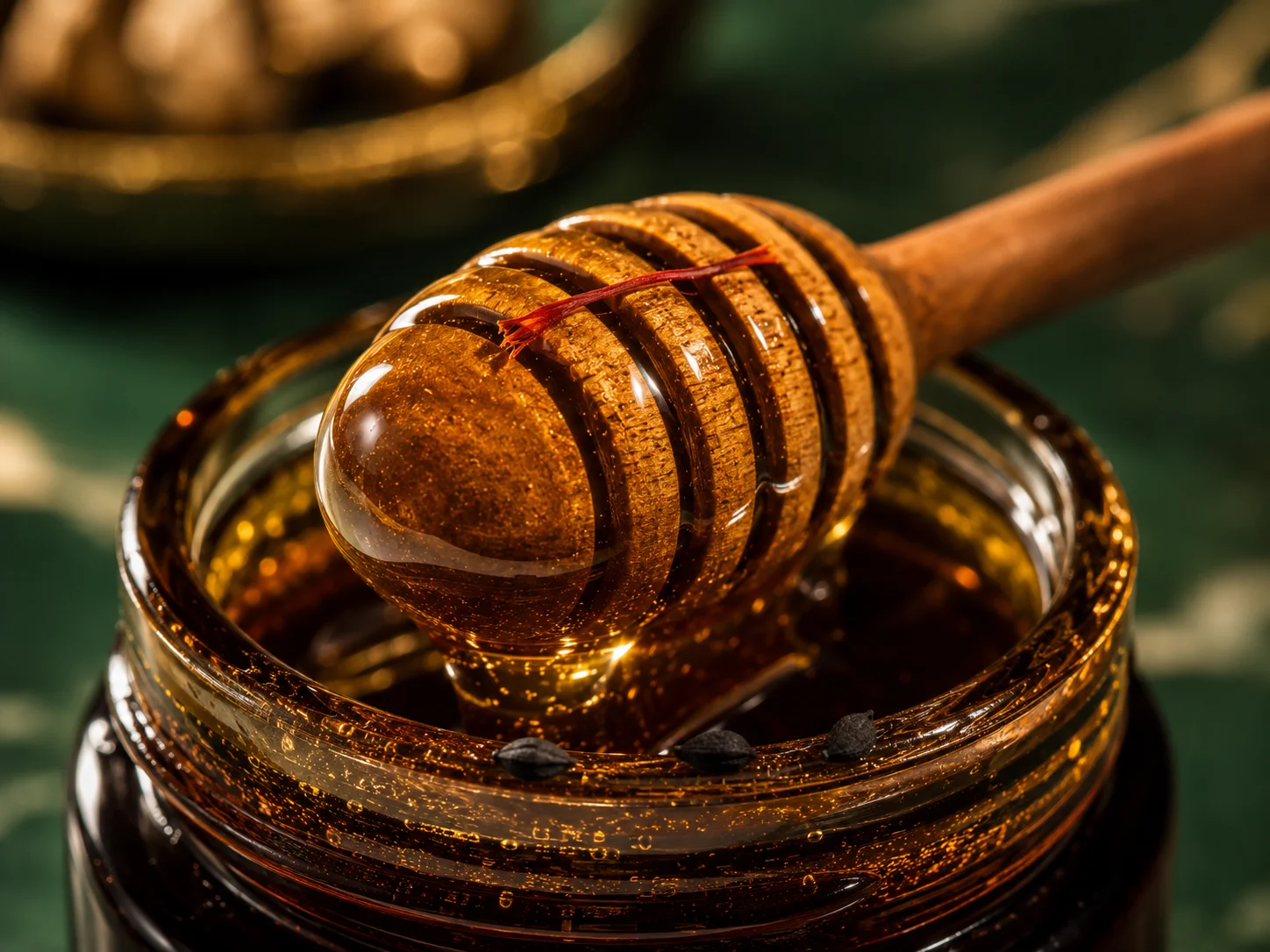 Two honey jars — Sidr and Manuka — with saffron threads and black seed beside them on marble