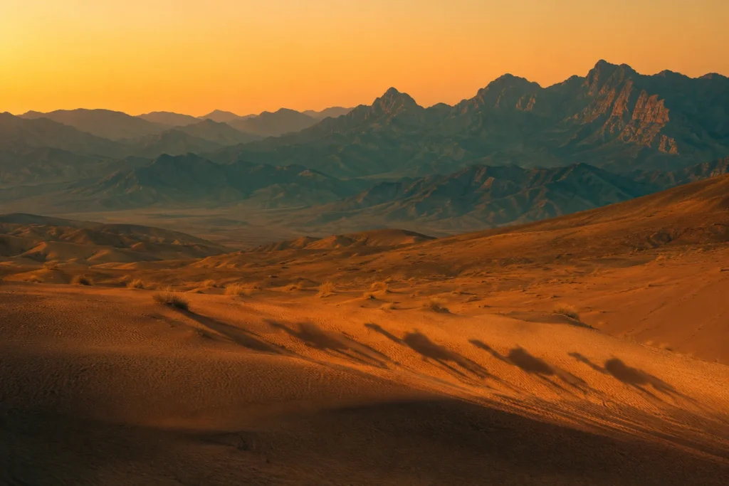 Ancient Arabian trade route at sunset — the roads of Ibn Battuta and the Queen of Sheba