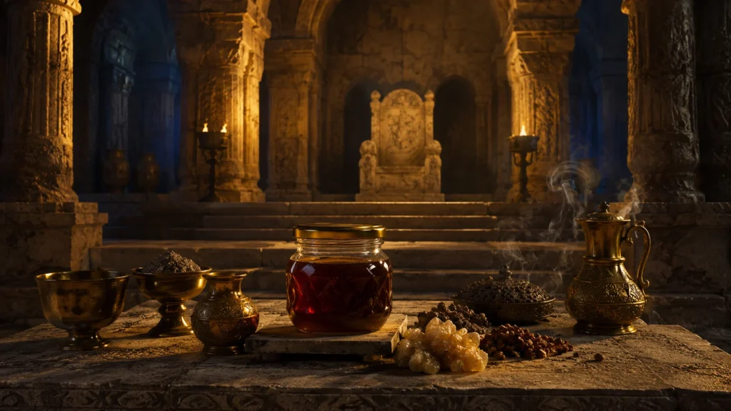 Ancient Jerusalem throne room — King Solomon and the tribute honey of the Queen of Sheba