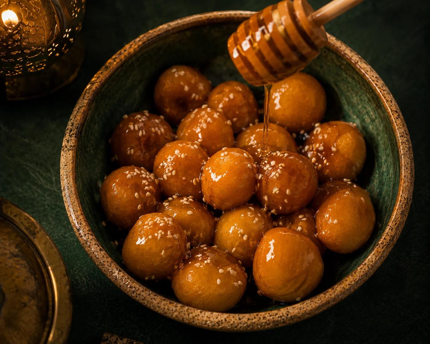 Sidr honey drizzled over luqaimat — Ramadan UAE tradition — عسل السدر واللقيمات