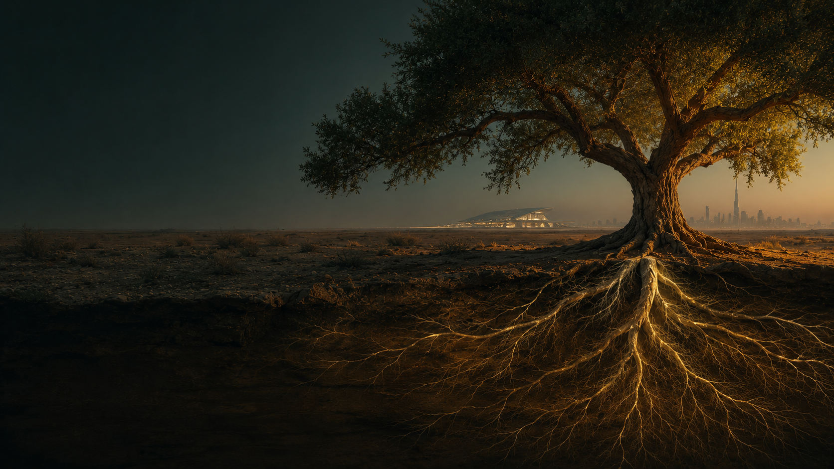 Ancient Ghaf tree standing in the UAE desert at golden hour