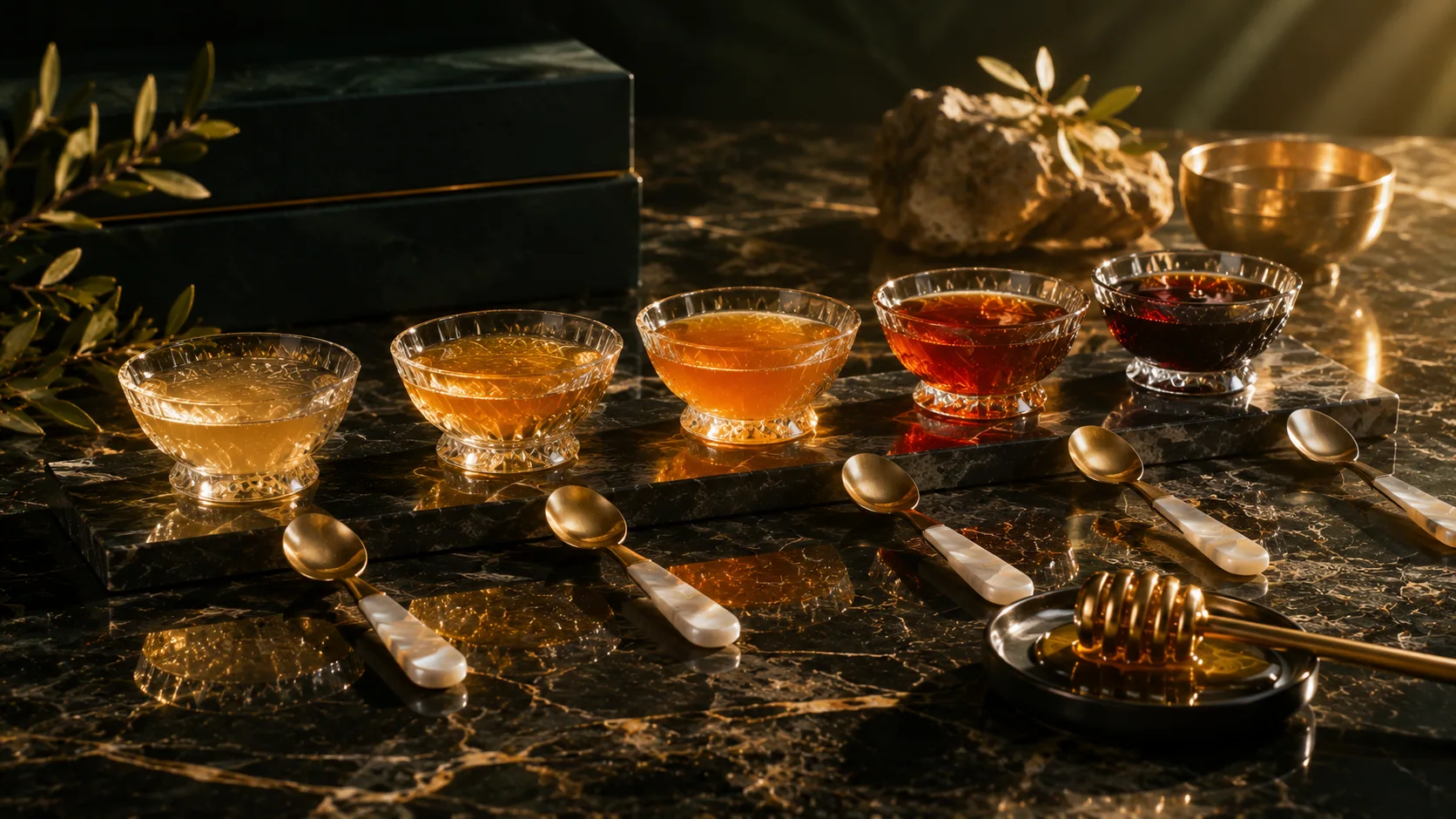 Premium honey boutique with tasting jars and warm golden lighting in Dubai