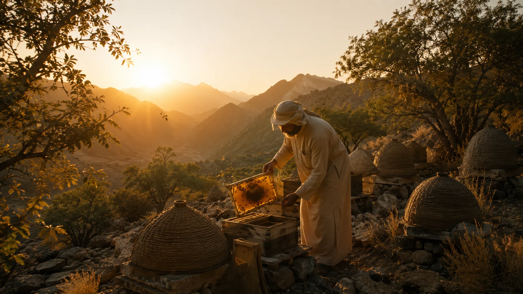 Premium honey tasting with several amber shades and a mother-of-pearl spoon