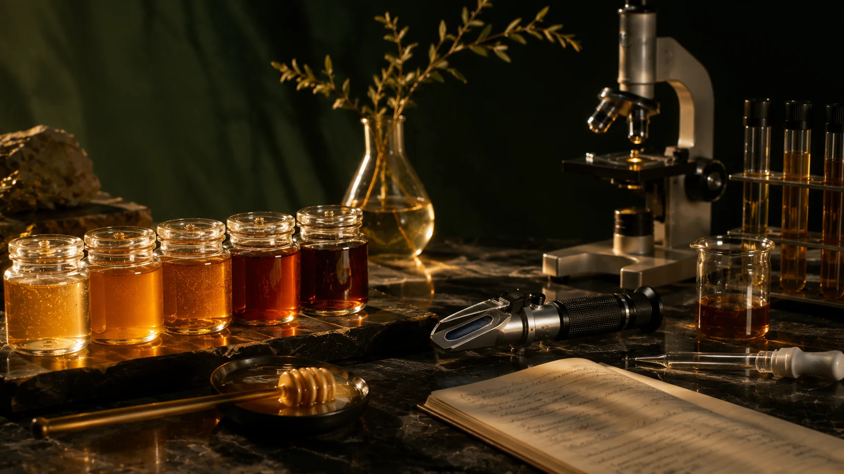 Luxury honey jars and gift box on dark marble in Dubai