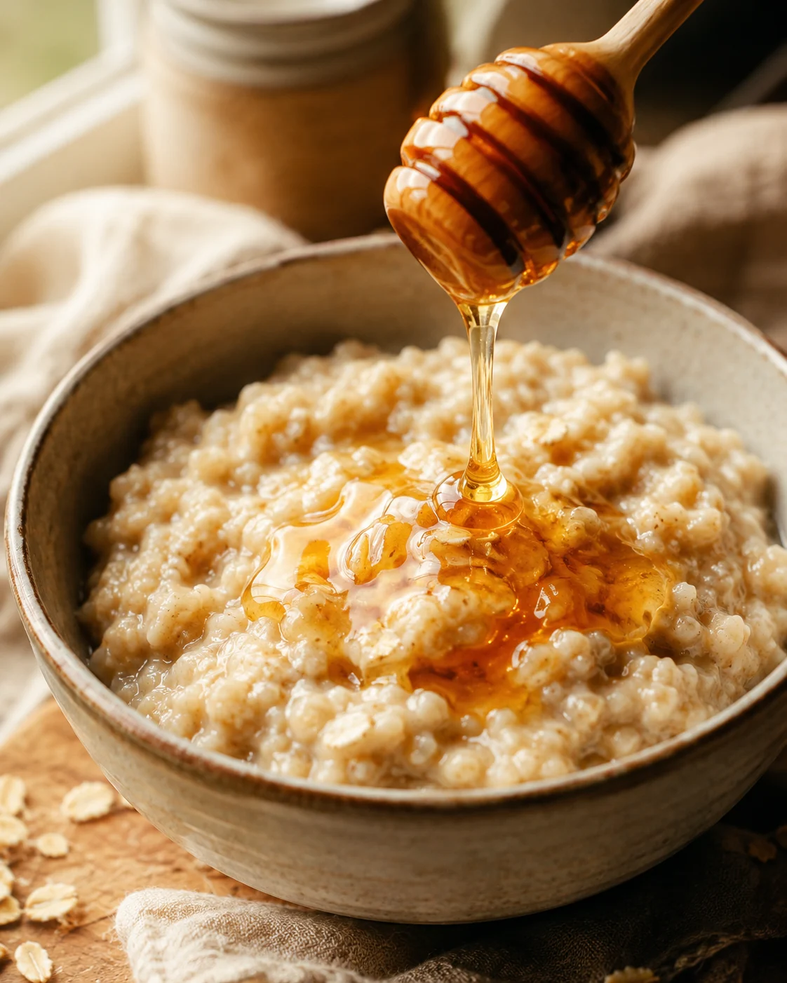 Honey being poured over a warm bowl of oats