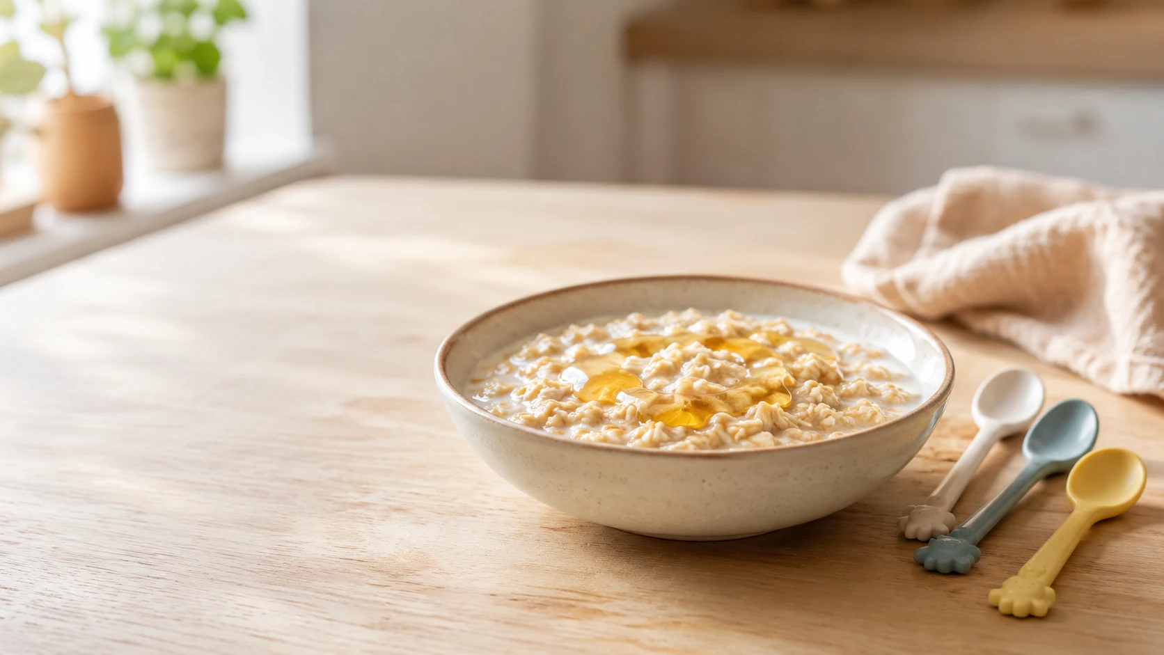 Bowl of oatmeal with milk and honey, winter breakfast
