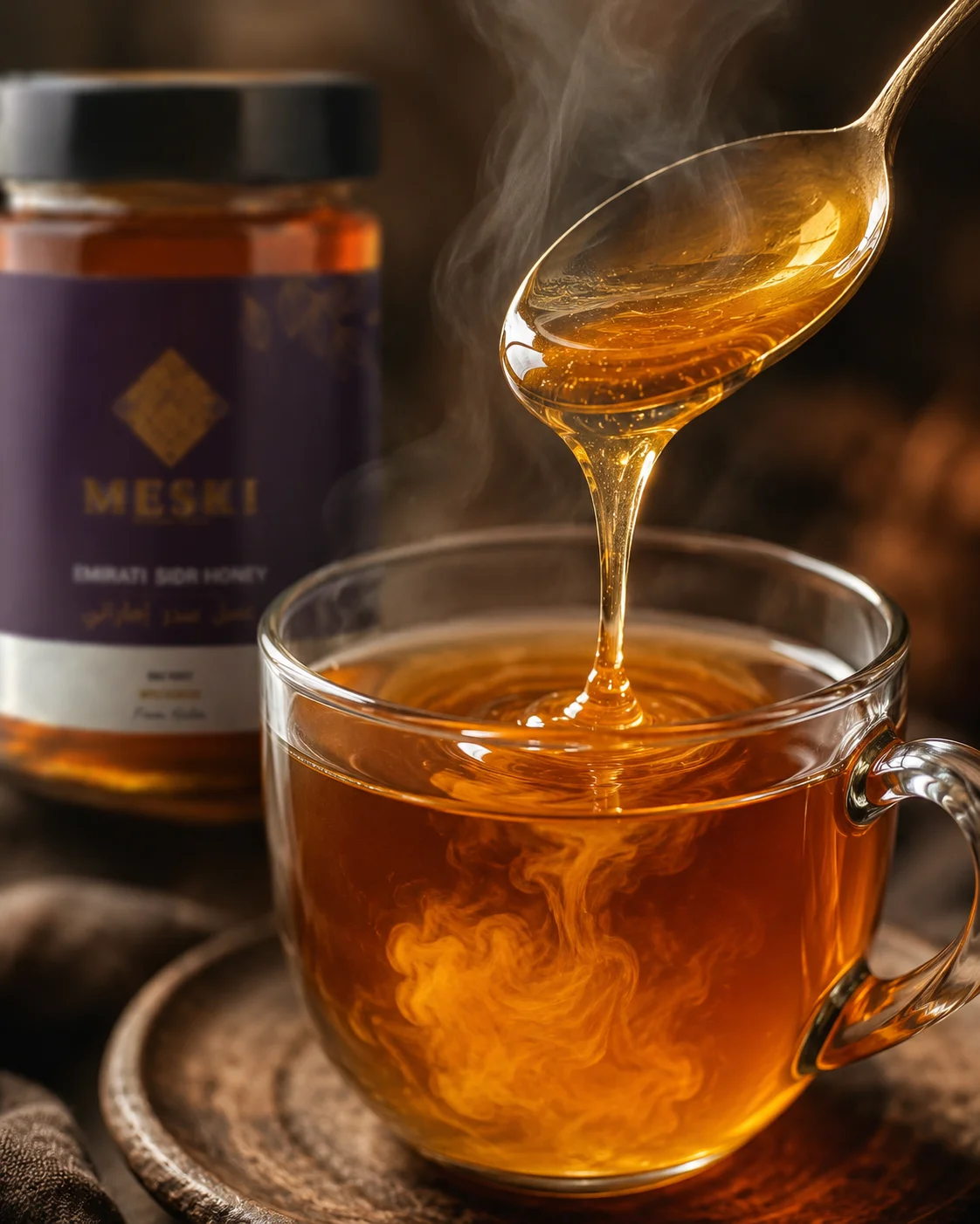 Spoonful of honey dissolving into hot tea