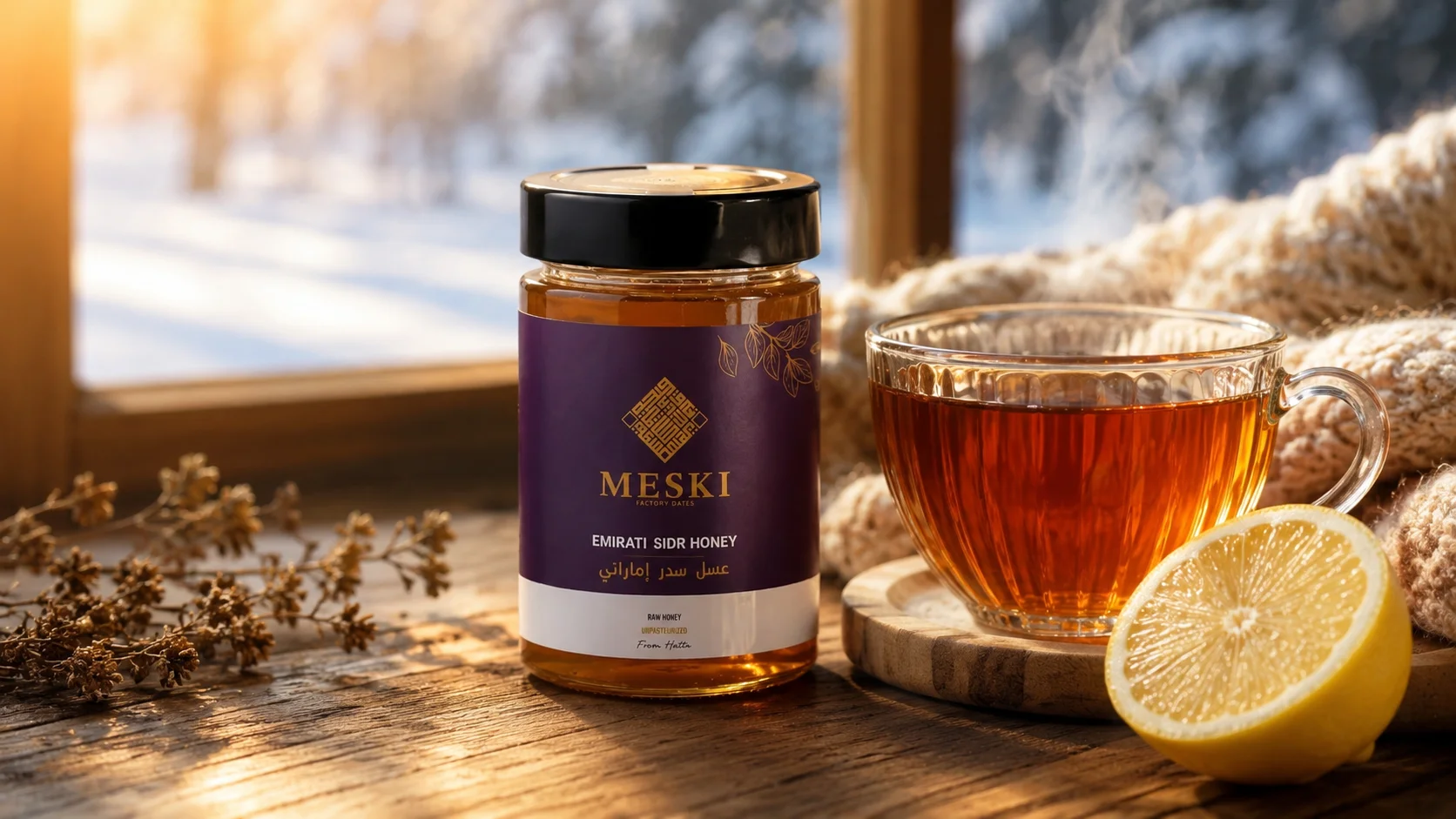 Raw honey with warm tea, winter remedy