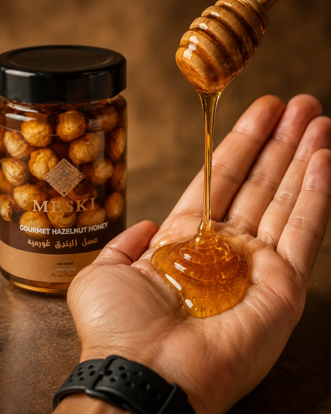 Honey dipper drizzling honey into an open palm, athletic setting