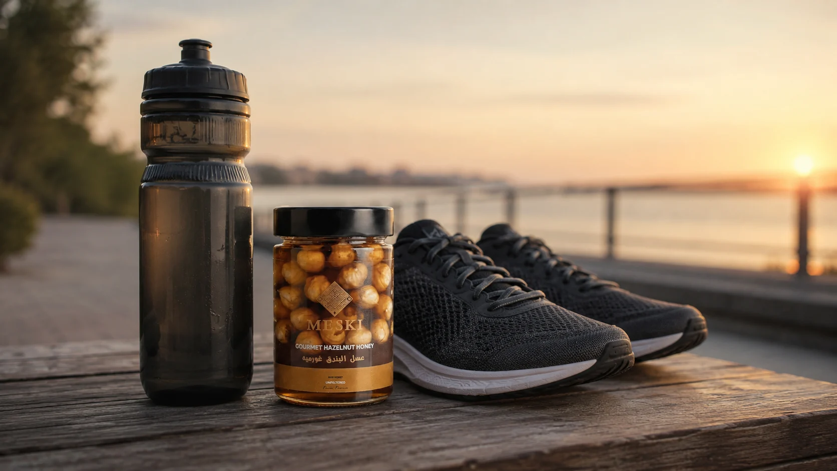 Honey jar beside athletic gear, pre-workout fuel