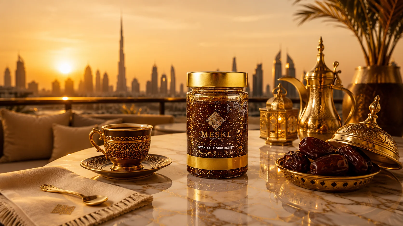 Premium honey collection displayed in Dubai in a refined luxury setting