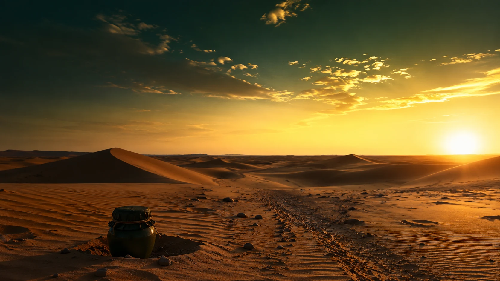 Ancient trade route through Yemen desert at golden hour — the kingdom of Sheba, Saba, Marib