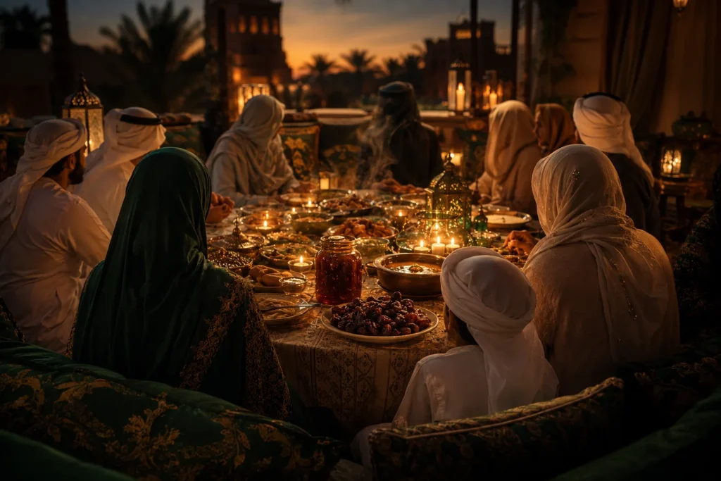 Ramadan iftar family table with honey — Dubai Gulf tradition