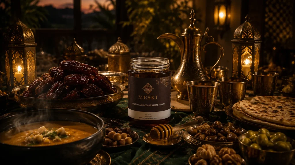 Traditional Ramadan iftar table with Sidr honey and dates — Dubai Gulf مائدة إفطار رمضانية تقليدية مع العسل والتمر — دبي الخليج