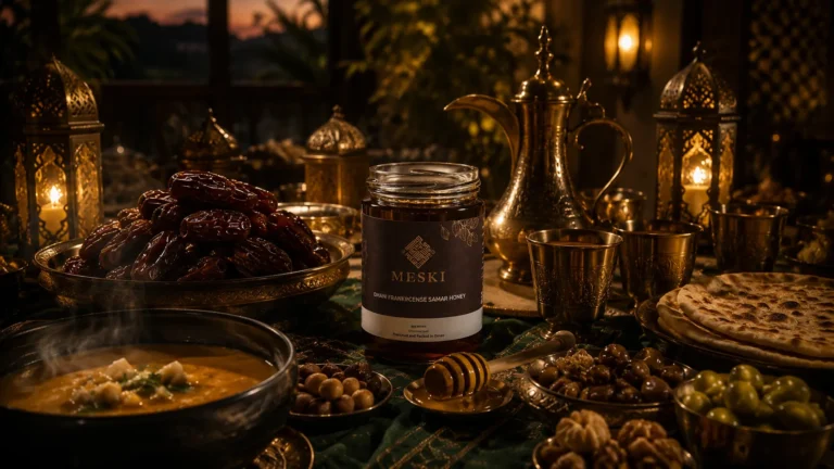Traditional Ramadan iftar table with Sidr honey and dates — Dubai Gulf مائدة إفطار رمضانية تقليدية مع العسل والتمر — دبي الخليج