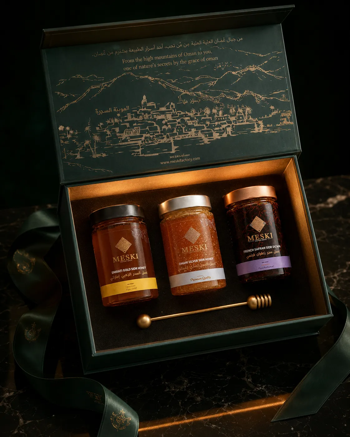 Luxury MESKI royal sidr honey gift box with gold, silver and saffron presentation for Dubai and Abu Dhabi gifting
