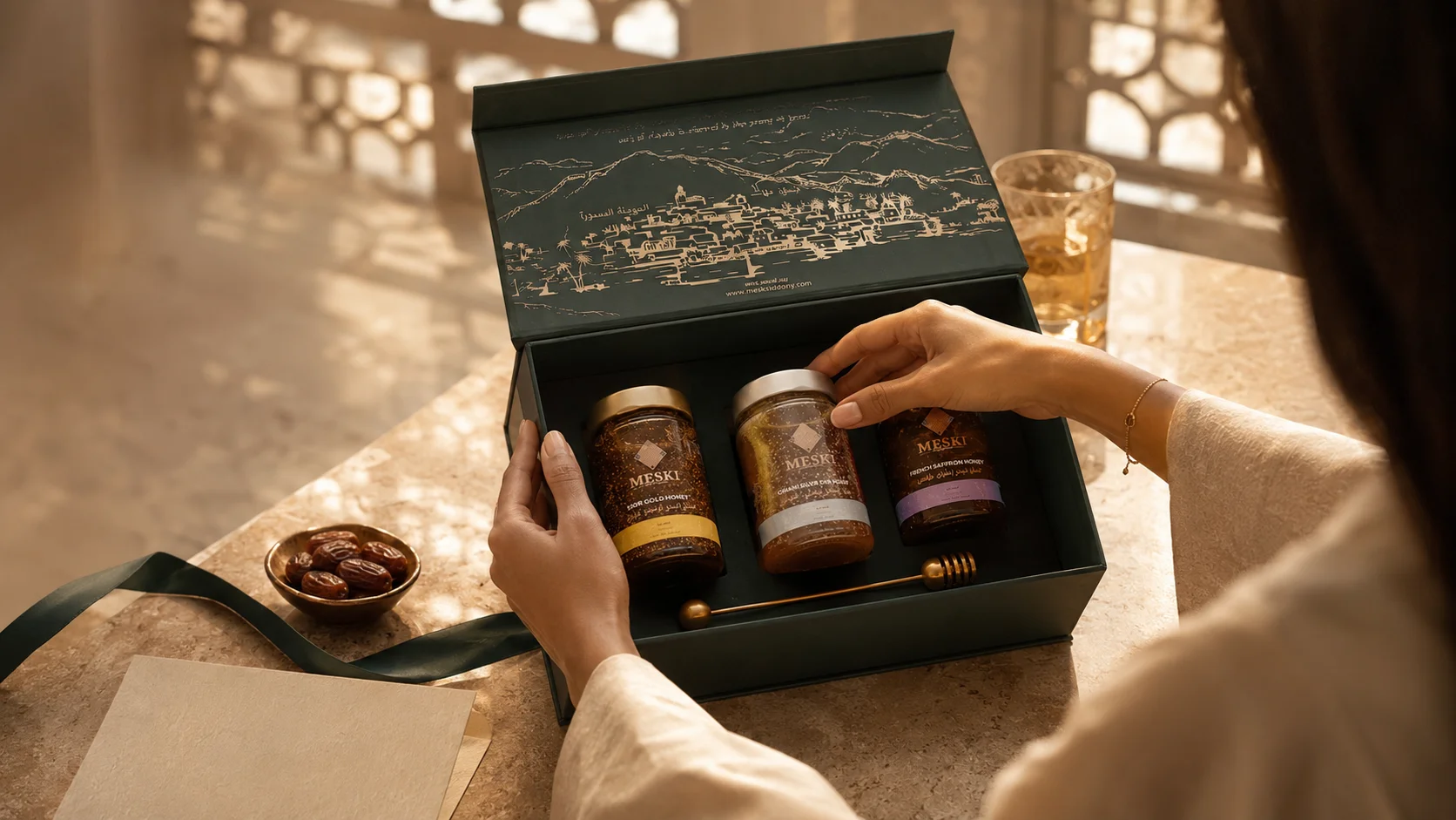 Royal Meski Sidr Honey Collection with Emirati gold, Omani silver and Do’ani saffron honeys