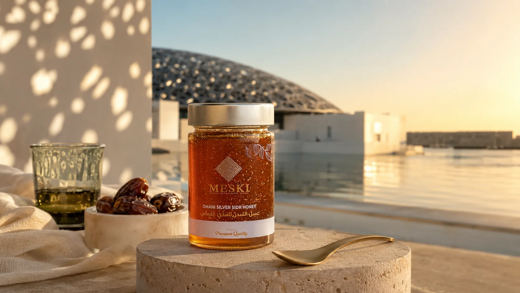 Edible silver flakes suspended in Omani Sidr honey