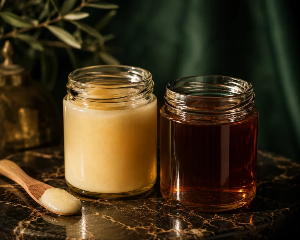 White creamed honey vs raw amber honey — texture comparison Dubai UAE مقارنة العسل الأبيض المخفوق مقابل العسل الخام الداكن — دبي الإمارات