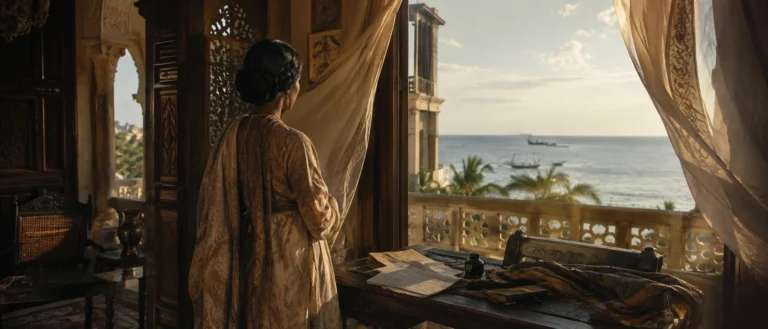 Sayyida Salme overlooking the sea from a 19th-century Zanzibar interior with handwritten memories beside her
