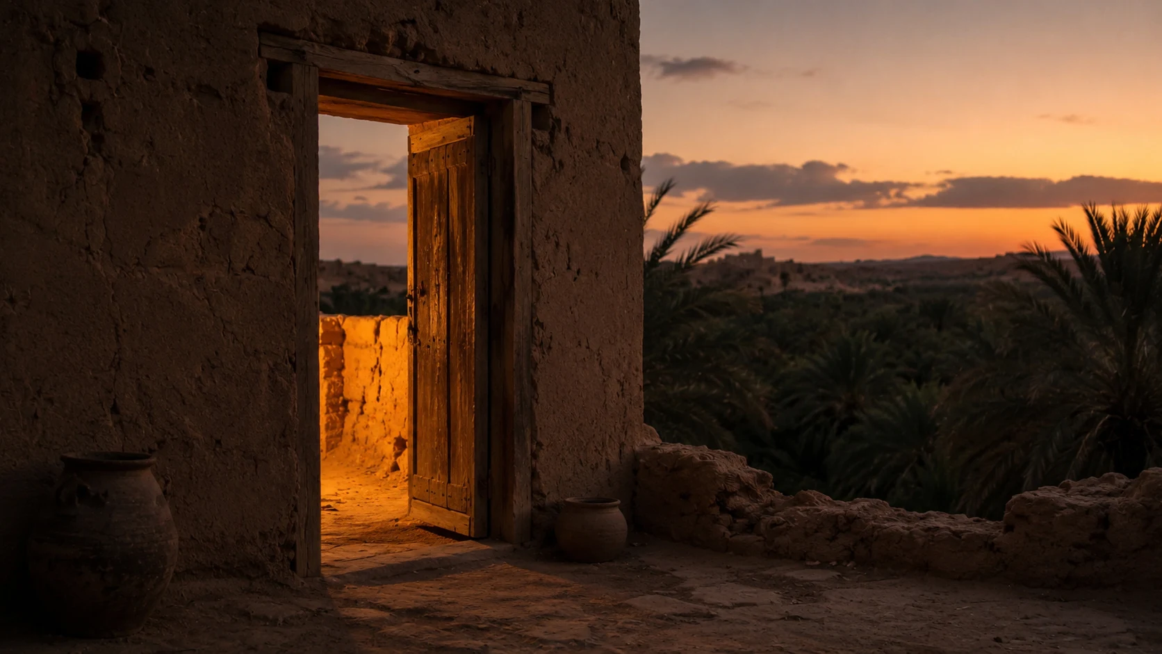 An open doorway at dusk in the Meski oasis, representing a house that continues to change with the people who enter it