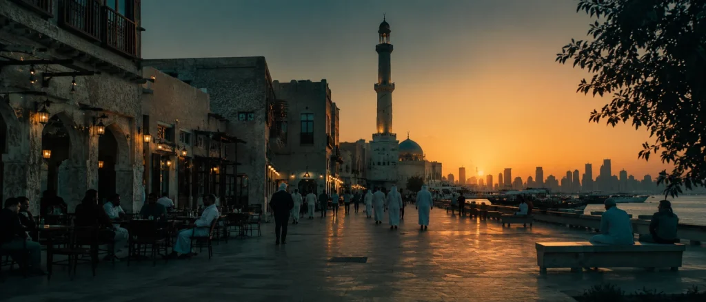 Gulf neighbourhood at sunset as people move toward prayer while daily life continues around the mosque