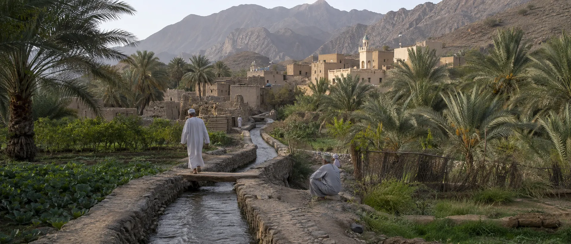 Traditional Omani village organized around a working falaj irrigation channel flowing through date palms and cultivated gardens