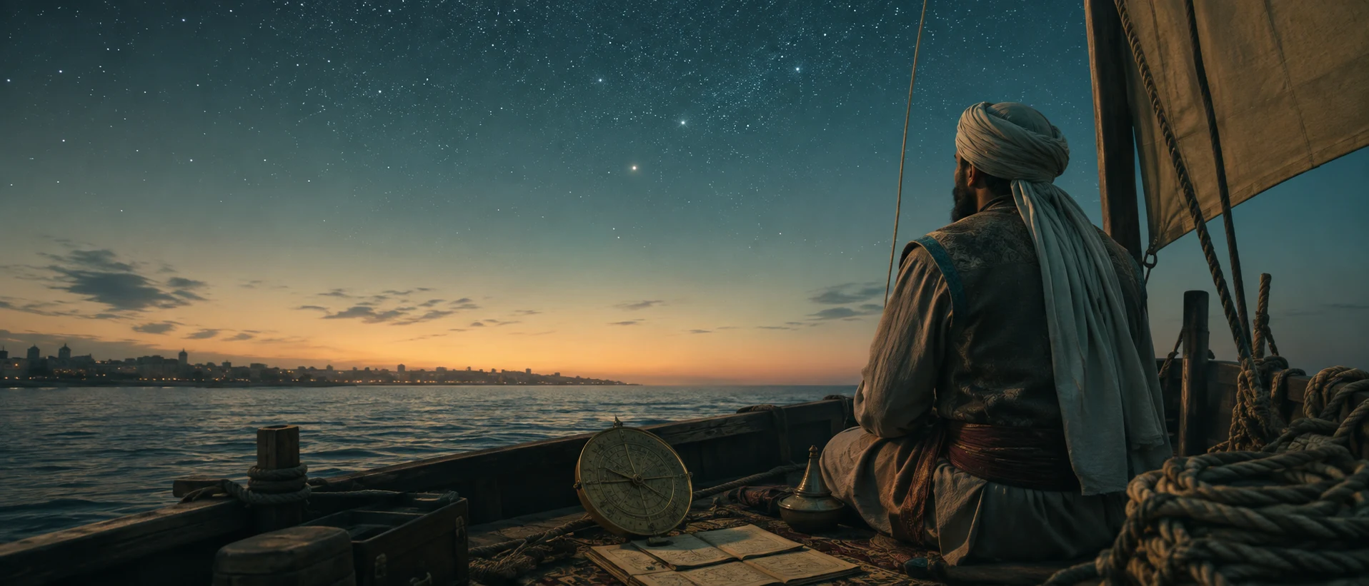 Medieval Arab seafarer navigating from a wooden dhow using stars and traditional maritime instruments