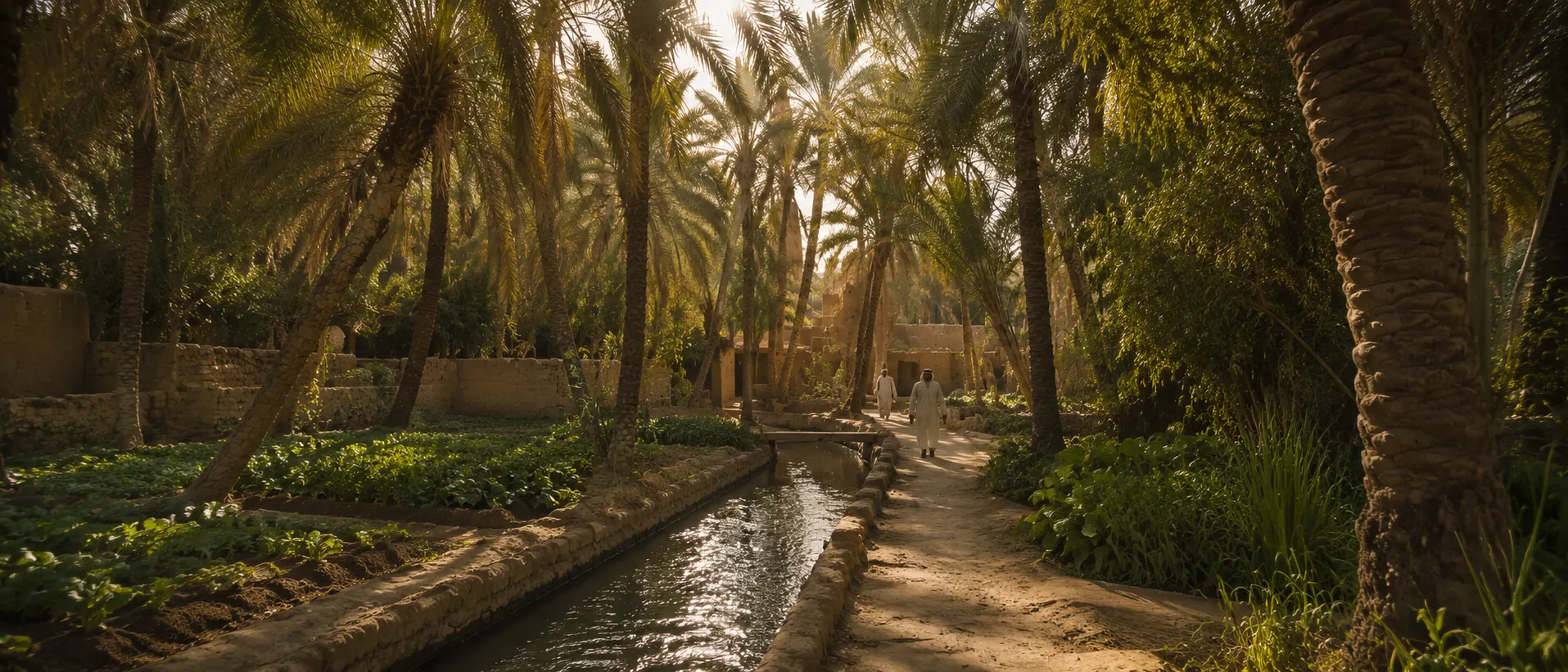 Al Ahsa Oasis in Saudi Arabia with dense date palms, irrigation water, cultivated gardens and traditional pathways