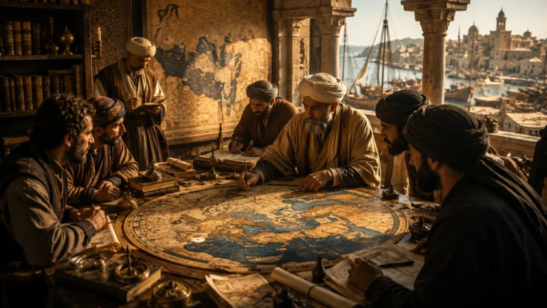 Al-Idrisi gathering knowledge from travellers, merchants and sailors while creating a medieval world map in Sicily.