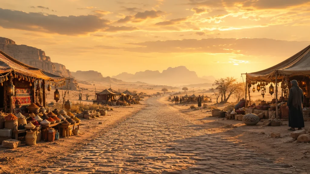 Ancient caravan road crossing Arabia with roadside tents selling spices, incense and precious goods.