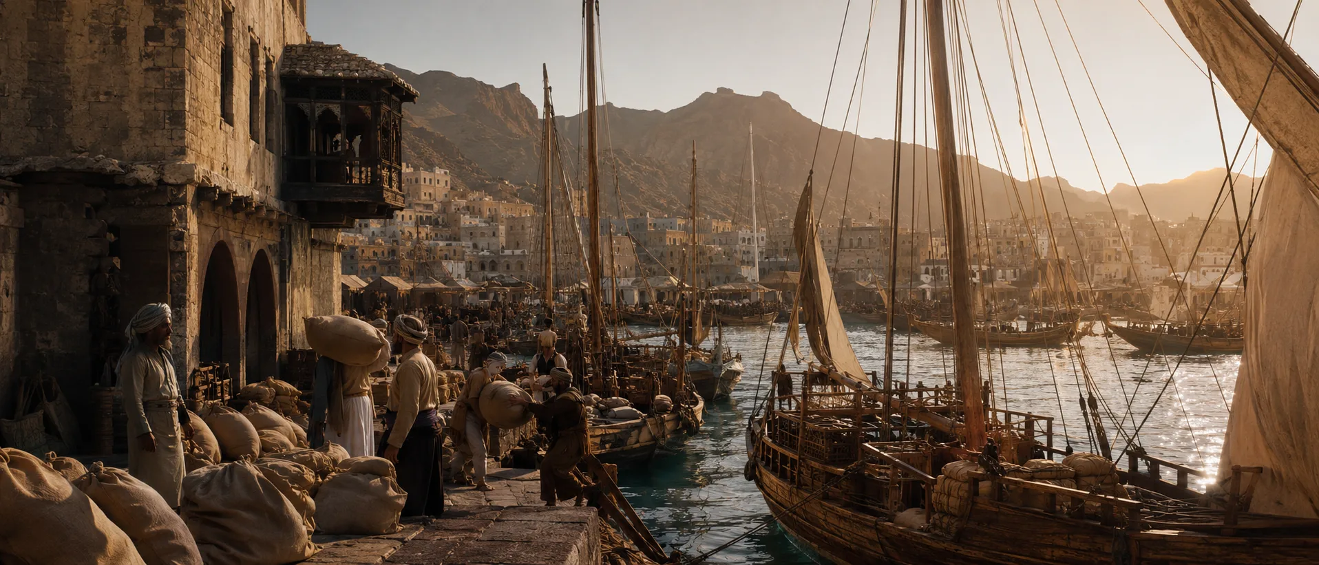 Reconstructed old Yemeni trading harbour with wooden sailing vessels, merchants, warehouses and cargo sacks
