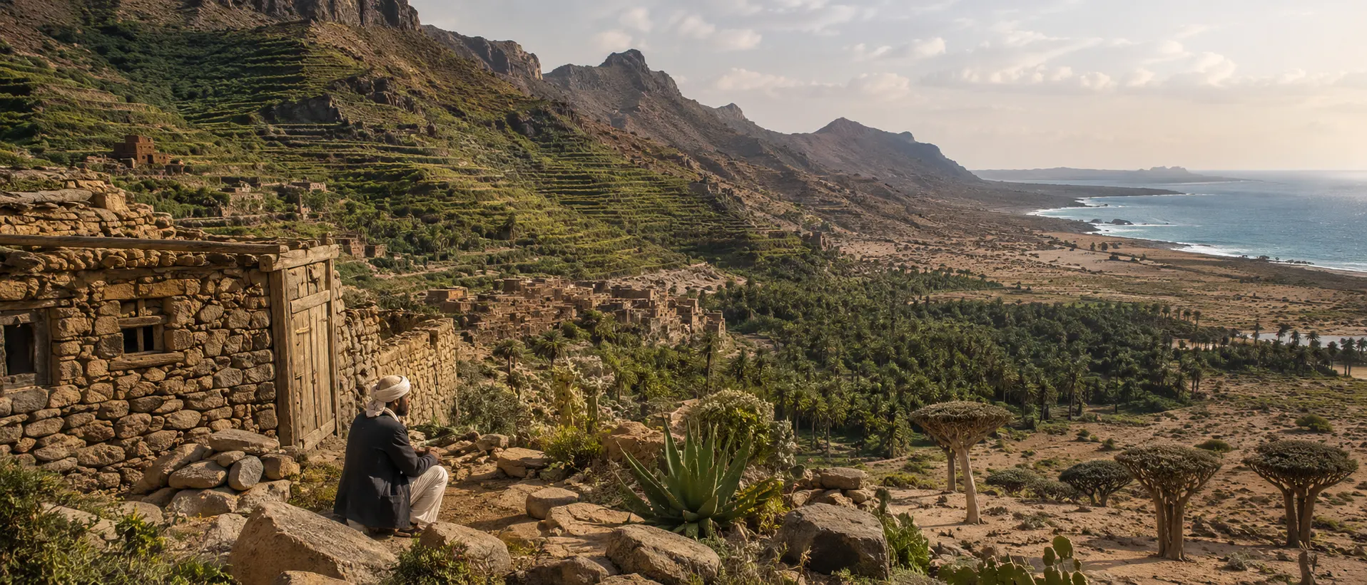 Less-seen Arabian scenery combining Yemen mountain terraces, oasis vegetation, traditional settlements and rugged coast