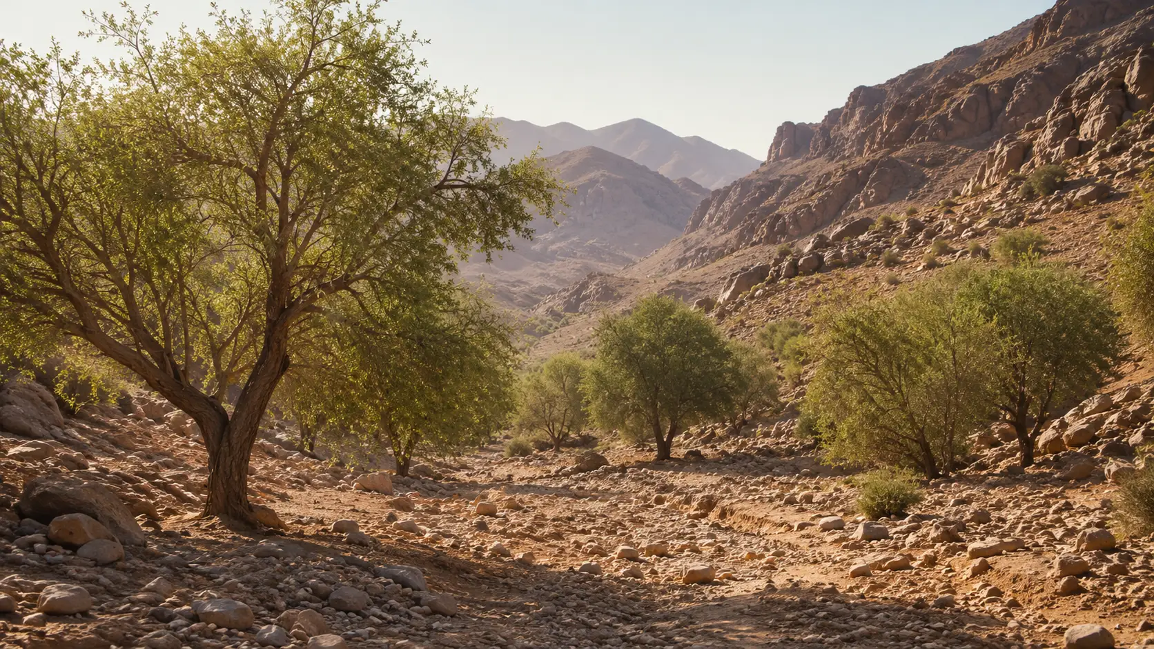 Sidr trees and beehives in a dry Arabian wadi landscape associated with Sidr honey harvests