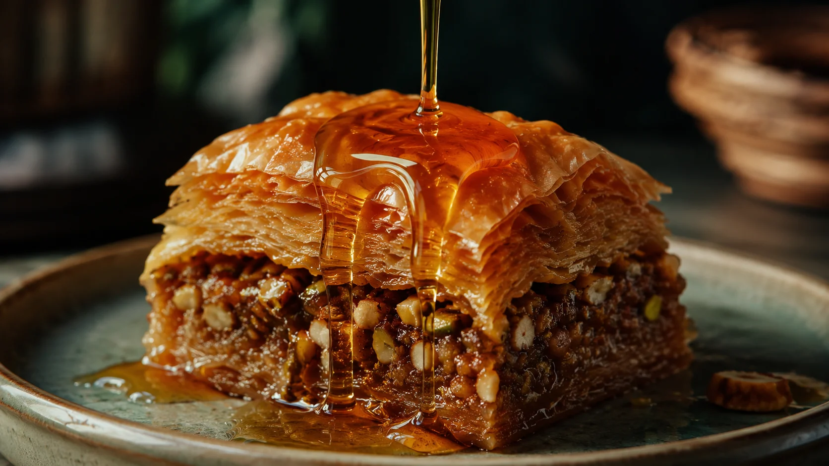 Warm honey falling over crisp baklava layers and nuts, showing a personal Sidr honey variation.